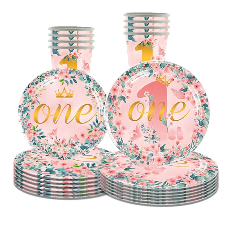 

Pink One Year Old Birthday Party Disposable Tableware Set Plate Napkin Tablecloth Happy Birthday Party Decor Kid Girl Babyshower