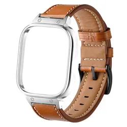 Leather Strap with Metal Protective Cover for Redmi Watch 4 (Brown - silver case)