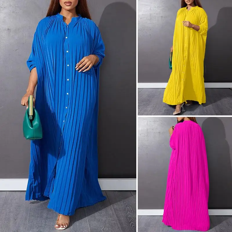 Women's Shirt Dress Casual Standing Collar Button Long Sleeve Solid Color Maxi Long Dress Daily display picture 1