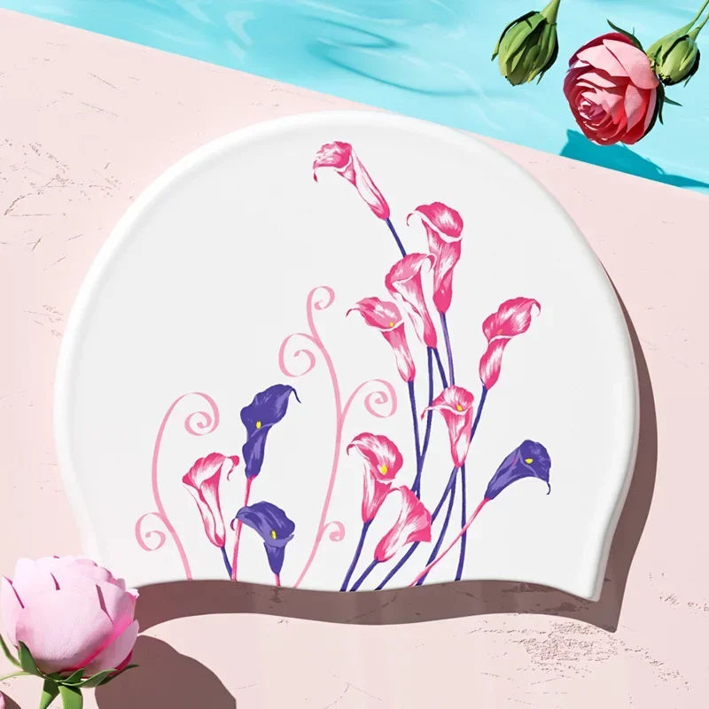 Printed Swim Caps for Women Large Size Comfortable Silicone Swimming Cap Long Hair Ear Protection Swimming Cap Pool Accessories 6