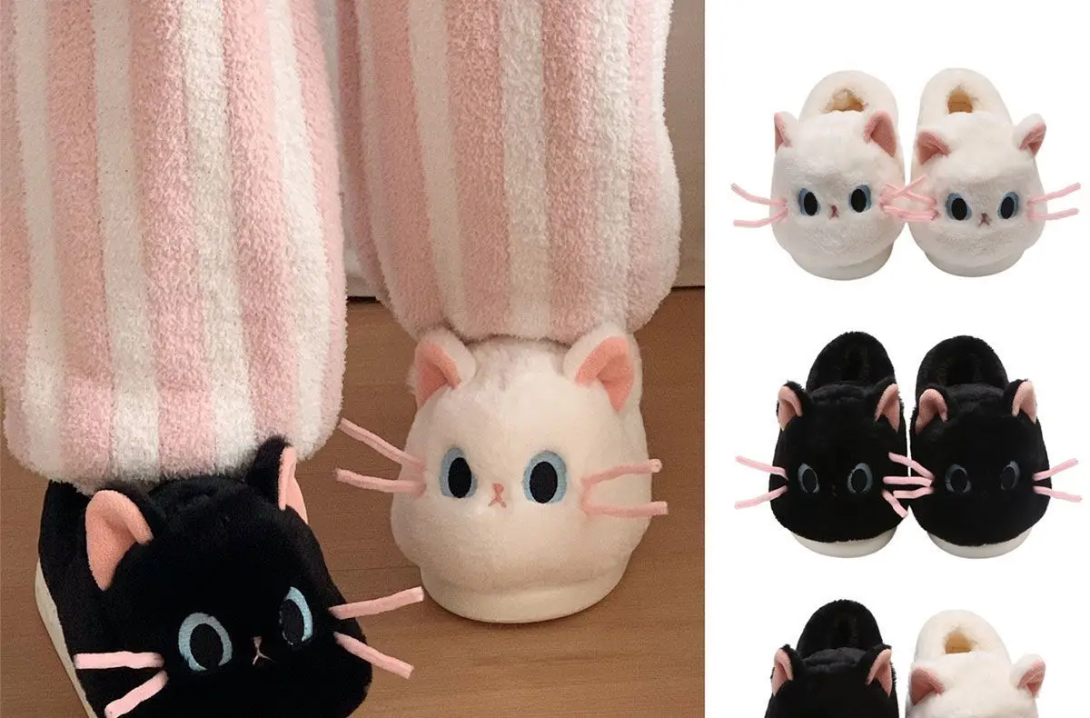 Schöne schwarz weiß 3D Katze Ohr Plüsch Hausschuhe Indoor Haus Tier Kitty Schuhe Frauen Slip-ons Pelz Pantoletten Chausson Chat – Detail 20