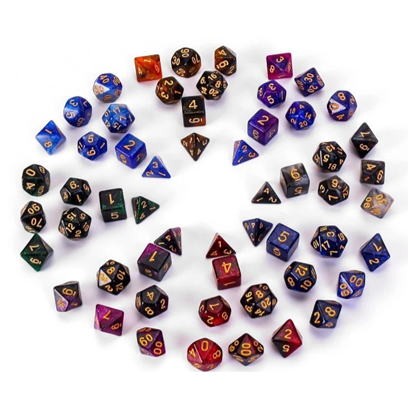 Mixed Color Glitter Dnd Dice 7-Piece Set D4 D6 D8 D10 D10% D12 D20 for Rpg Role Playing Game Math Teaching game dice dice set acrylic dice