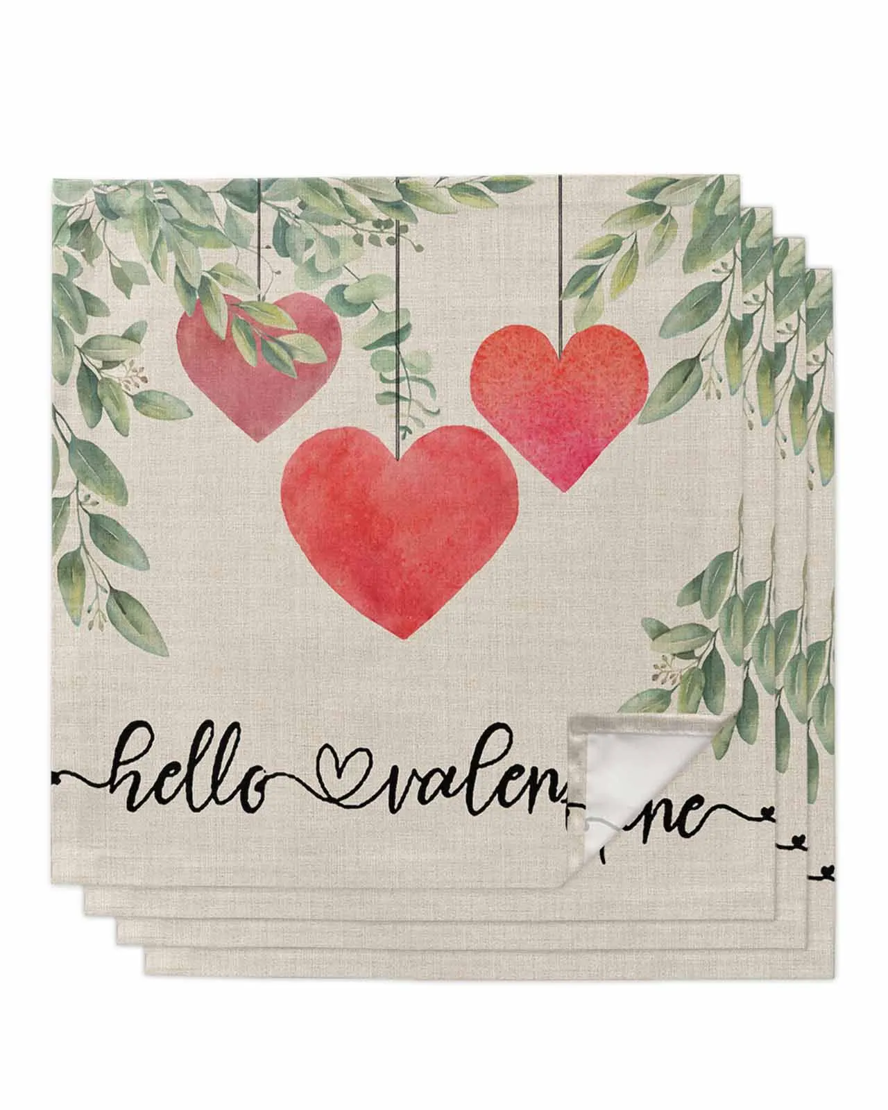 

4pcs Valentine'S Day Hearts Eucalyptus Leaves Table Napkins Cloth Set Kitchen Dinner Tea Towels Table Mat Wedding Decor Napkins