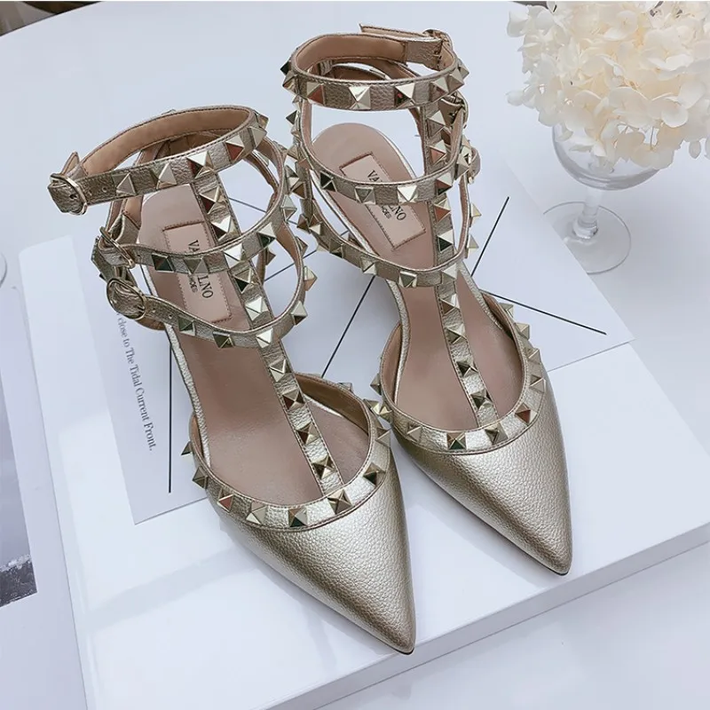 2023 Summer Luxury Genuine Leather Women's Sandals High Heels Classic Metal Rivet Pointed Pumps Sexy Wedding Party Shoes 33 - 41