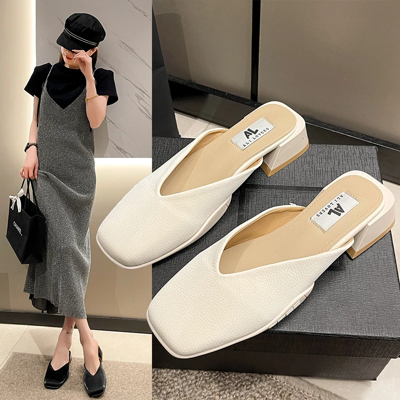 

Fashion Slippers Women Flat Heel Square Toe Mule Slip On Slides Casual Outdoor Flip Flops 2023 Summer Shoes Brand Sandalia Mujer