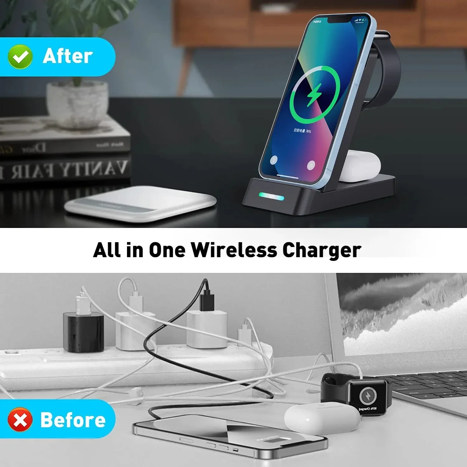 무선 충전기 스탠드 패드, 아이폰 15, 14, 13, 12, X 8, 에어팟, 애플 워치, 아이워치, 고속 무선 충전 독 스테이션, 100W, 3 in 1