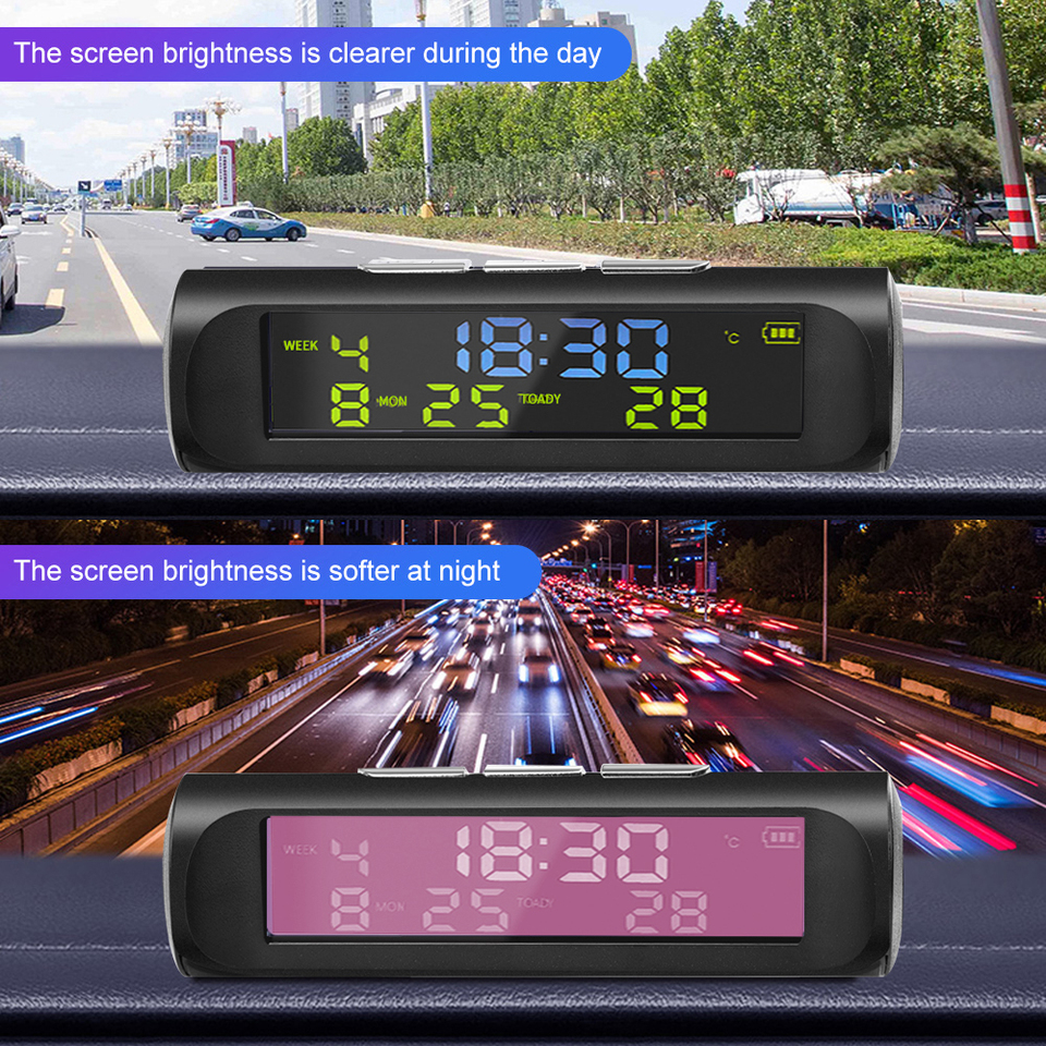Solar Car Clock Outside Thermometer Driving Time Reminder Automatic Switch No Wiring High-Precision LCD Digital Clock