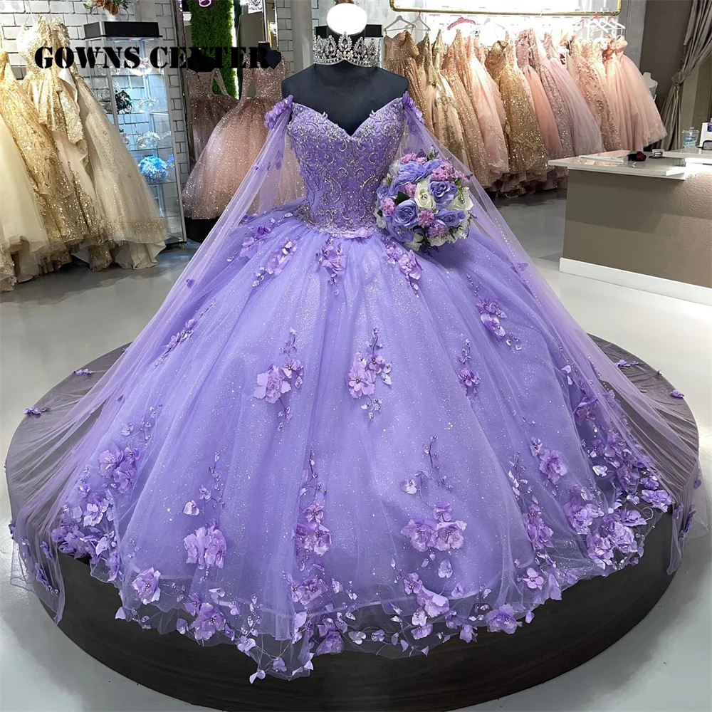 

Purple Purple 3D Flowers Princess Quinceanera Dresses 2023 With Detached Cape Beading Pearls Sweet 16 Dress Vestido De 15 Años