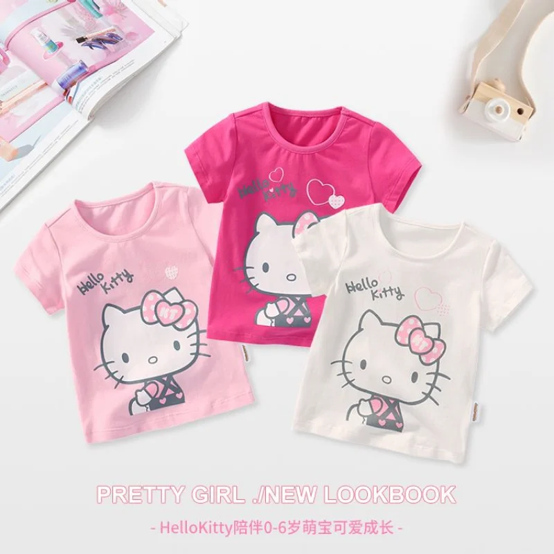 

Kawaii Sanrio детская одежда милая Hello Kitty Детская Хлопковая футболка Летняя мультяшная Печать Свободные повседневные топы с коротким рукавом