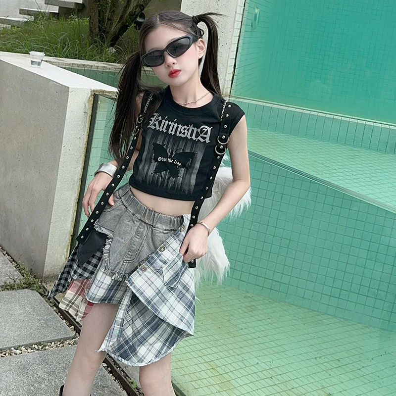 Kids Girls Crop Top & Skater Skirt Camouflage Fashion Summer Outfit