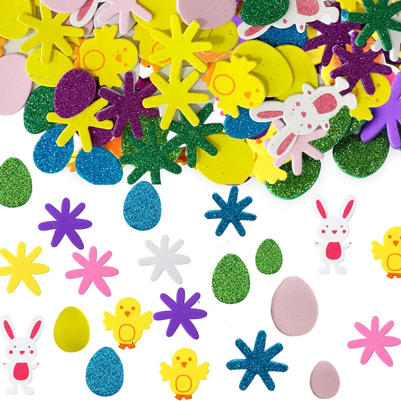 100pcs/bag Easter Foam Self Adhesive Stickers Glitter Egg Rabbit Bunny Chicks Flower Shaped Sticker Easter Day Party Decorations heart shaped pen loop holder self adhesive pen holder pencil elastic loop designed notebooks journals calendars planners tablet