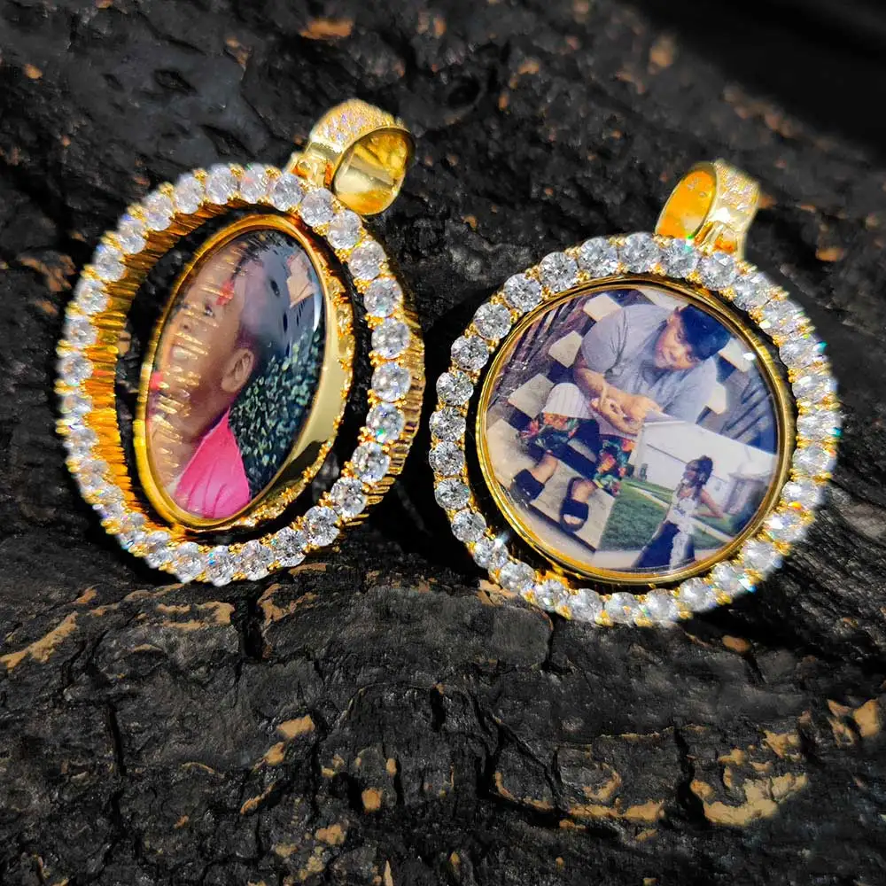 Hip Hop Double Side Round Rotating Memory Photo Custom Pendant Necklace Round Rotate Picture Zircon Iced Out Bling Necklace