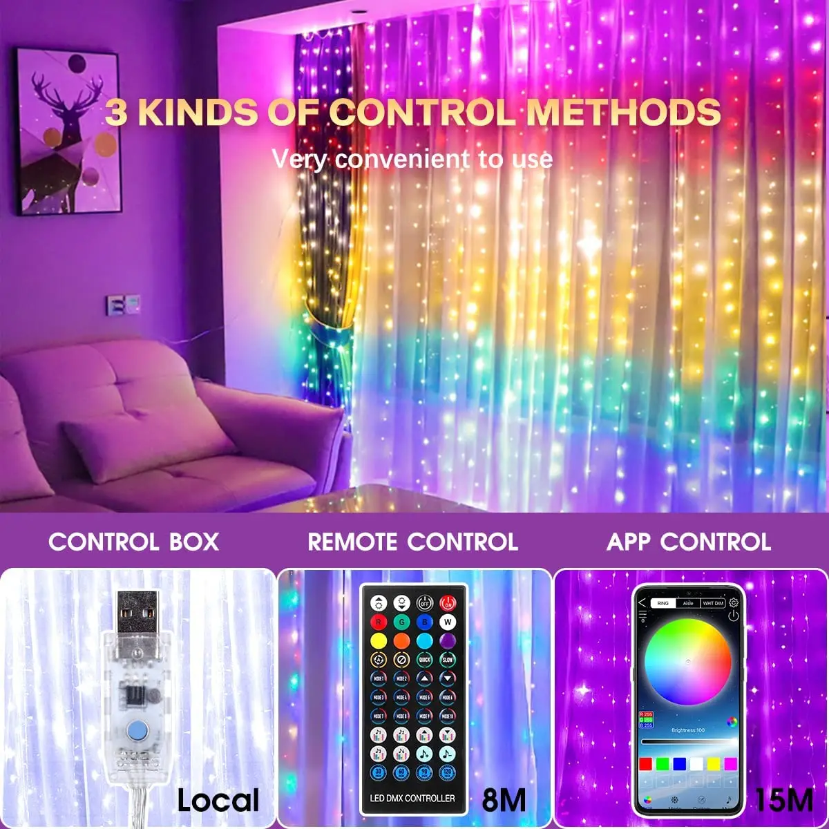 RGBIC 스마트 커튼 조명, DIY LED 요정 화환 스트링 조명, 블루투스 앱 제어 램프, 크리스마스 창 침실 파티 장식..