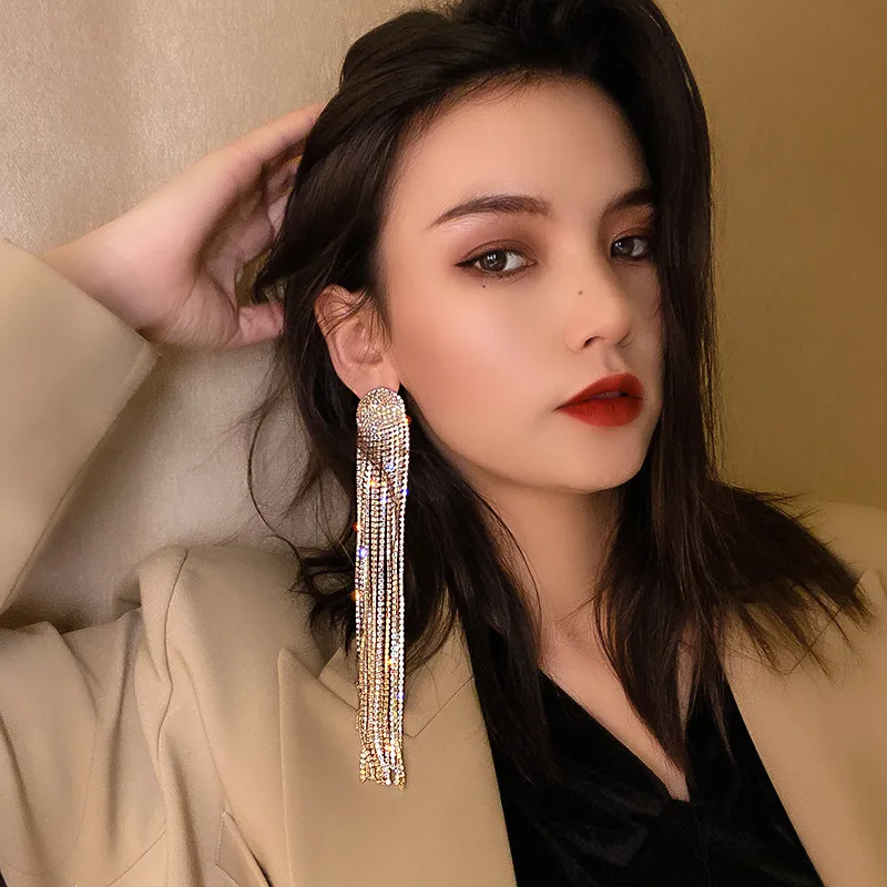 Crystal Tassel Earrings FYUAN Long Full Rhinestone Drop For Women