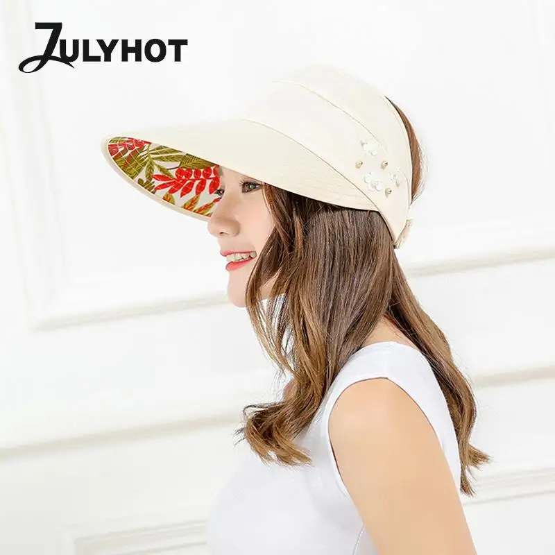 Summer Hats For Women Foldable Sun Hat Pearl Flower Polyester Visor Suncreen Floppy Cap Female Outdoor Casual Baseball Cap