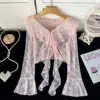 Gagarich 2025 Lotus Leaf Edge Tied Short Lace Sunscreen Cardigan Women Summer Thin Flared Long Sleeved Chiffon Jacket Shawl Top
