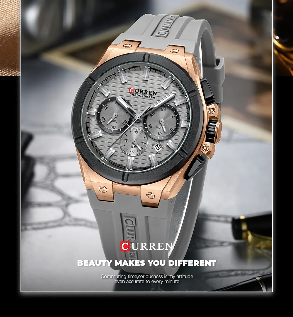 CURREN Moder Design 43mm Watch for Men with 3 Sub-Dials Quartz Movement Casaul Silicone Strap Wristwatch Luminous Hands and Date