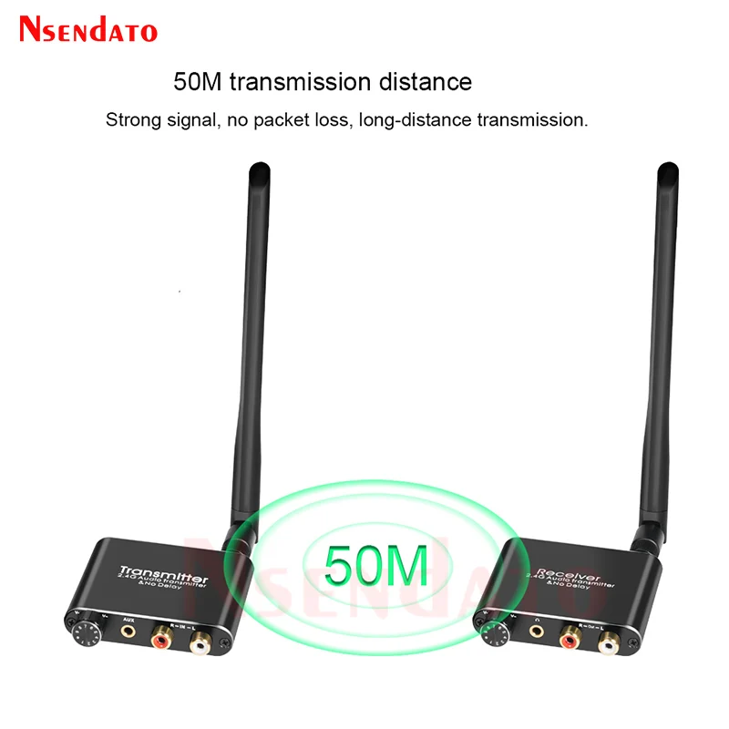 50m 2.4GHz Long Range Wifi Transmitter Receiver Wireless Audio Adapter with Volume Control for Subwoofer Speaker R/L 3.5mm Jack