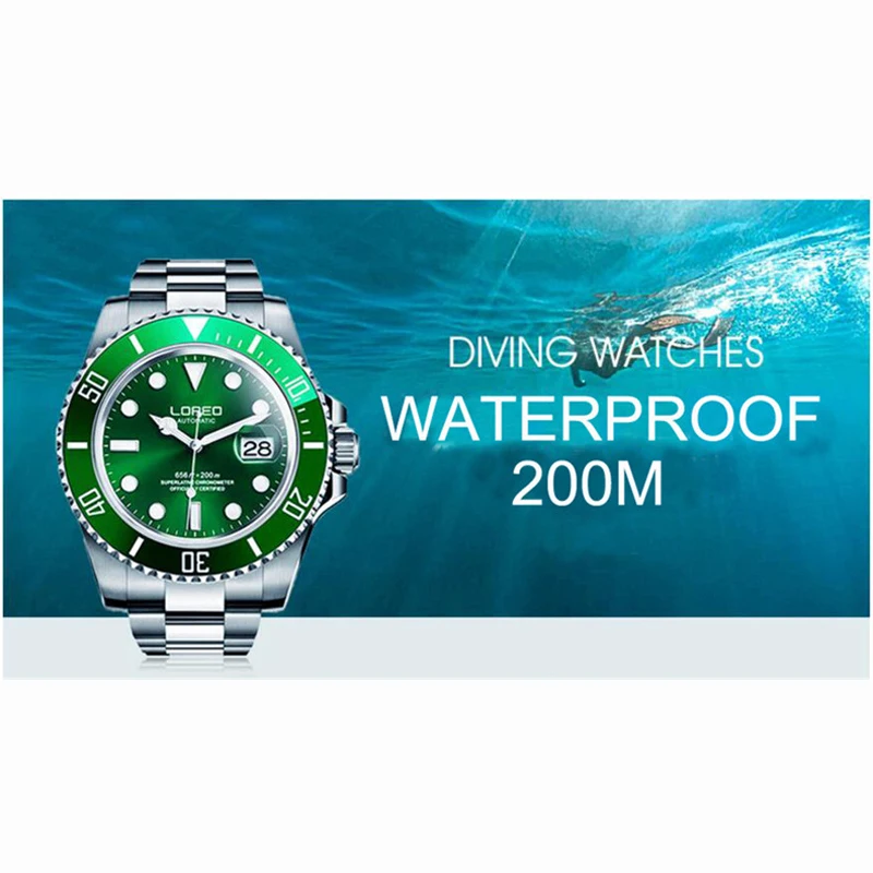 LOREO 20ATM Waterproof Automatic Watch for Men Luminous Sports Diving Date Mechanical Watches Seagull Movement Reloj Hombre mechanical watch diver watch