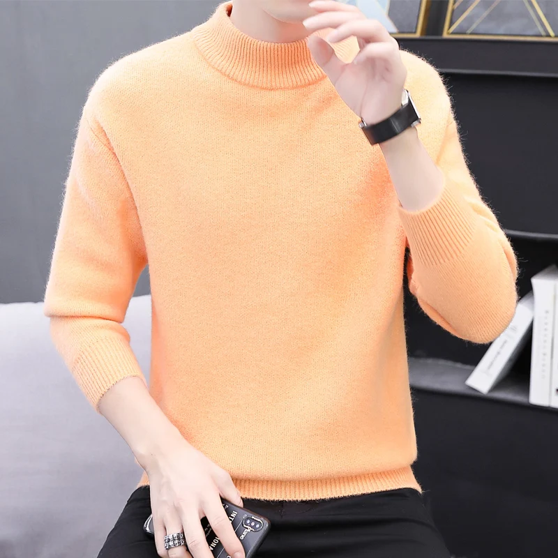 

Autumn Winter Screw Thread Men's Solid Turtleneck Long Sleeve Sweater Undershirt Knitted Casual Pullover England Vintage Tops