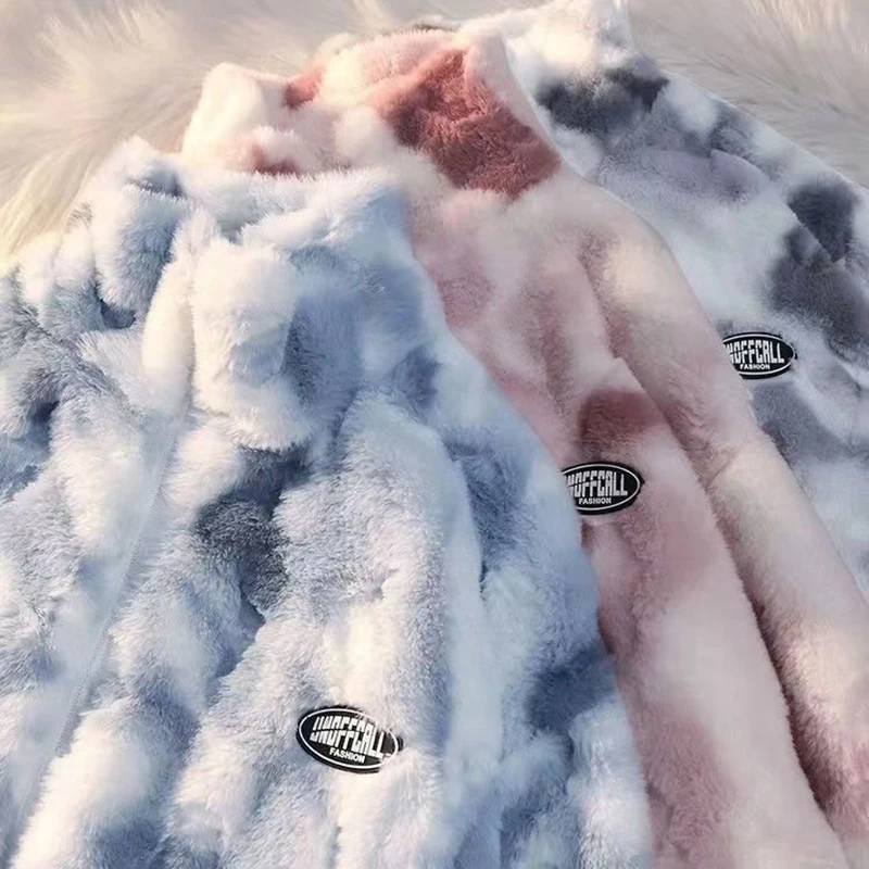 

Gidyq Women Tie Dye Lamb Fleece Jacket Winter Korean Zipper Bf Warm Plush Outerwear Harajuku Female Streetwear Loose Thick Coats