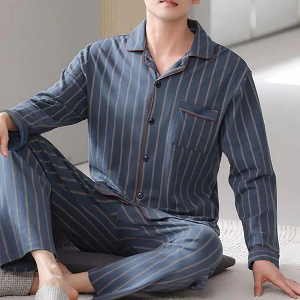 

Pajamas Pants Set Stylish Men's Spring/autumn Pajamas Set with Lapel Collar Long Sleeve Quick Drying Print Family for Comfort