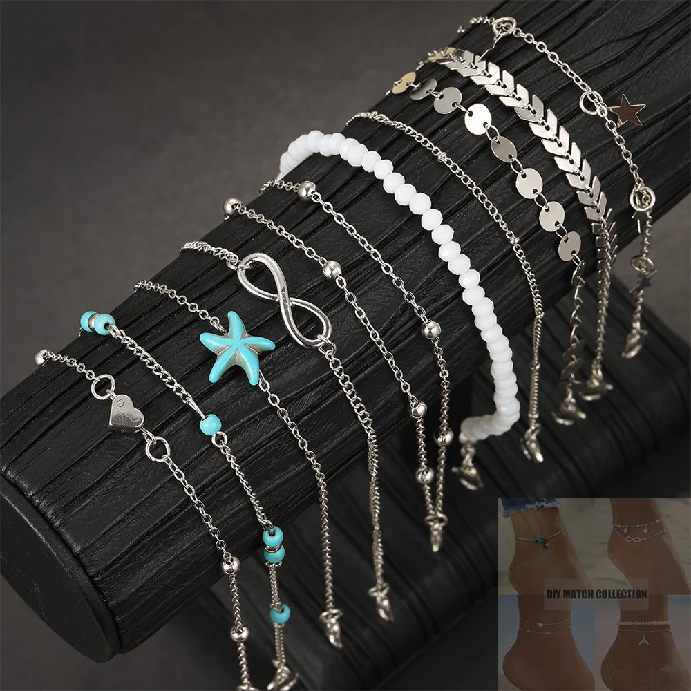 Ankle chains silver anklet bracelet beads anklet fashion accessories 11PCS multilayers Bohemian starfish infinity heart chain anklets set women teens summer beach DIY bracelet on leg ankle jewelry