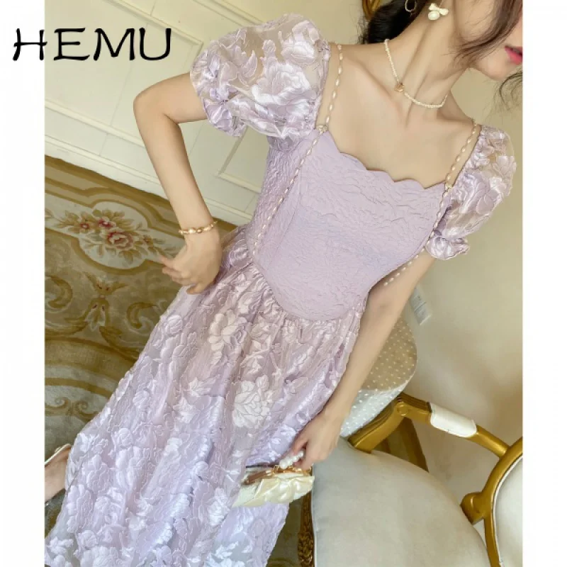 

Hemu Summer Sweet Puff Sleeve Dress Female Temperament Socialite Niche 2021 Korean Style New Fashion slim long dress