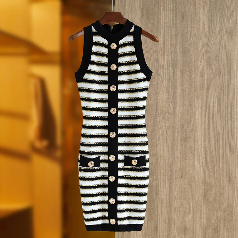 Women Gold Thread Sleeveless Tank Mini Knitted Dress Super Design Black  White Stripe Summer Lady Clothing - AliExpress 200000345