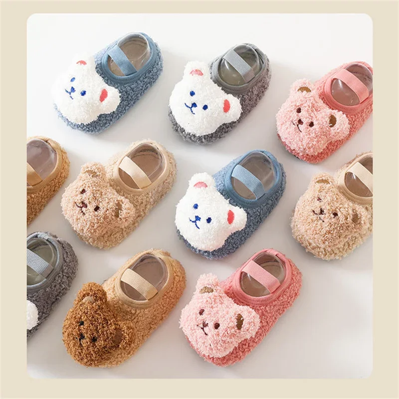 Cartoon Bear Baby Shoes Winter Thick Warm Newborn Shoes Non-slip Soled Soft Plush Toddler Kids Boy Girls Infant First Walkers 3