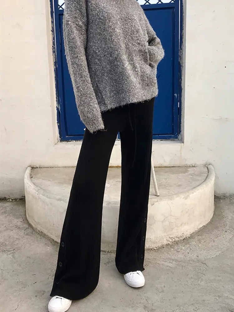 2024 Spring Japanese Style Maternity Woolen Trousers Side Split Button Fly Pregnant Woman Straight Pants Pregnancy Knitted Pants 3