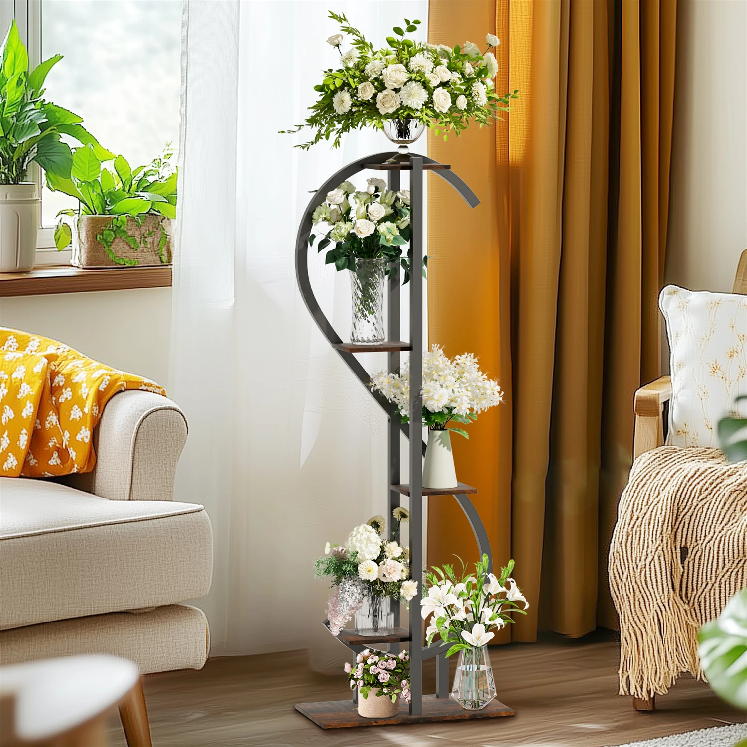 153CM Tall S-Shaped Vertical Plant Stand Multilayer Garden Flower Pot Stand Display Holder Wood and Metal