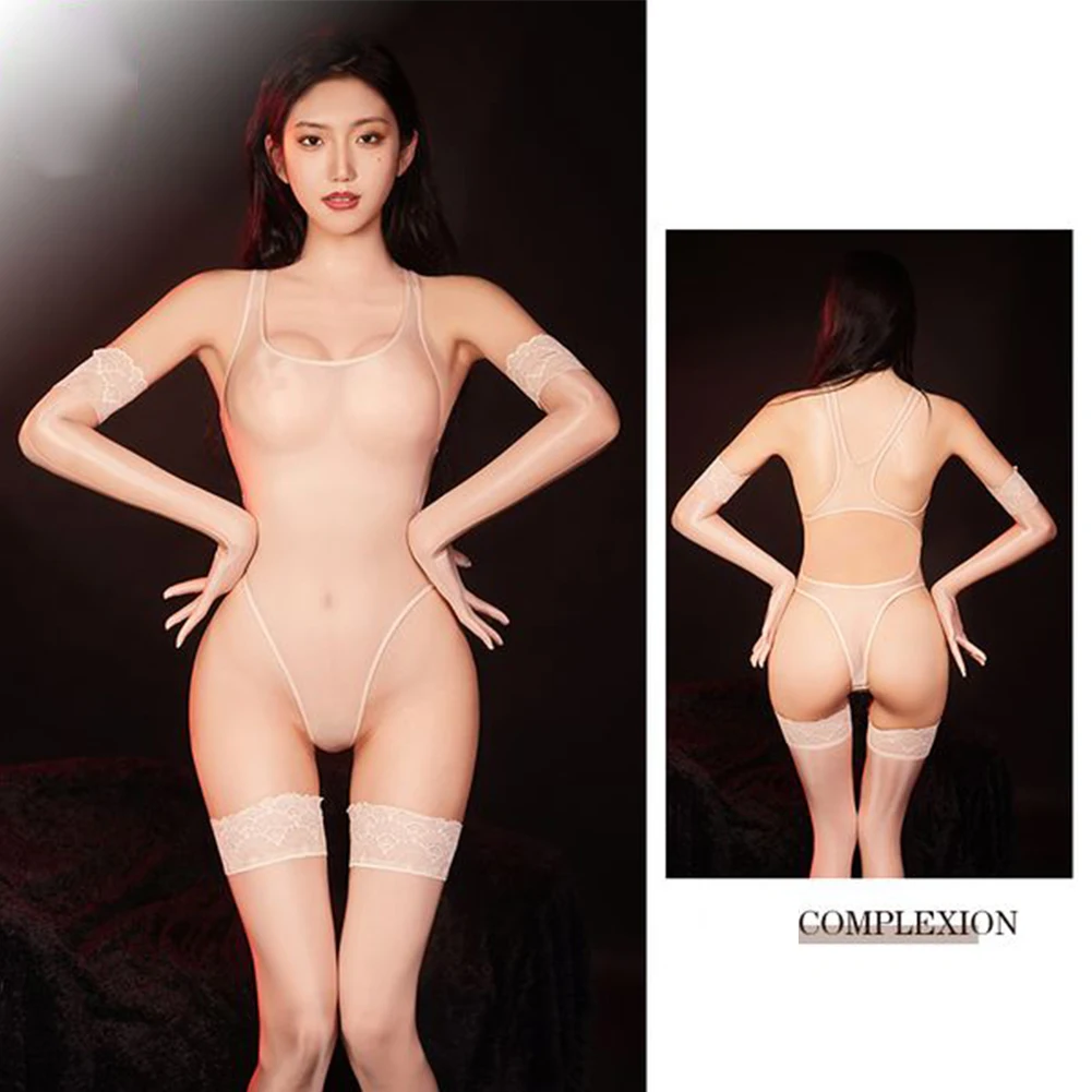 

Women Oil Shiny Glossy Bodysuit Sexy Sleeveless High Cut Jumpsuit Hollow Backless Leotard Transparent Temptation Erotic Lingerie
