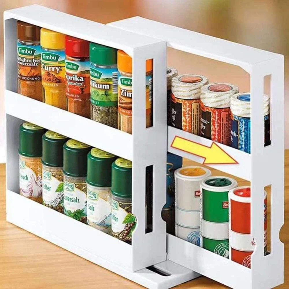 

Spice Organizer Rack Multi-function 2 Tier Rotating Storage Shelf Slide Kitchen Cabinet Cupboard Organizer Kitchen Storage Rack