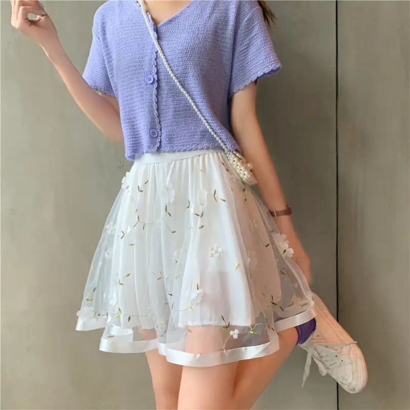 

Mini A Line Skirt Tutu Elegant Summer Mesh Women Female Pleated Lace Floral Sweet Girls Ladies Skirts Casual Gauze 2022 Summer