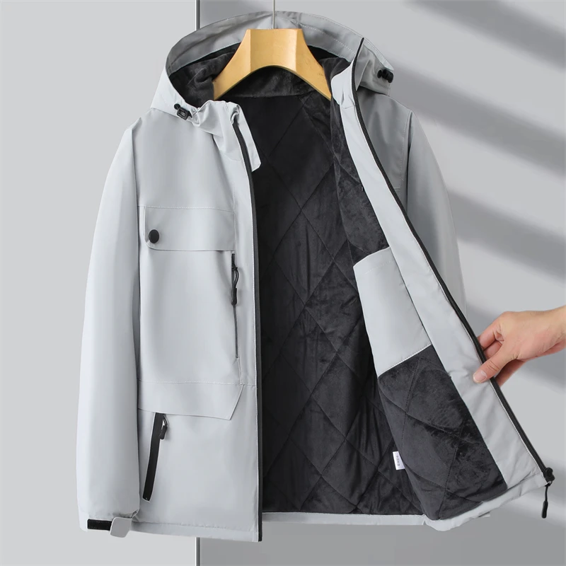 

New 2023 Autumn Winter Men's Hooded Plush Jackets Business Casual Solid Loose Fleece Coat Outdoor Sportswear Thicken Warm Parkas