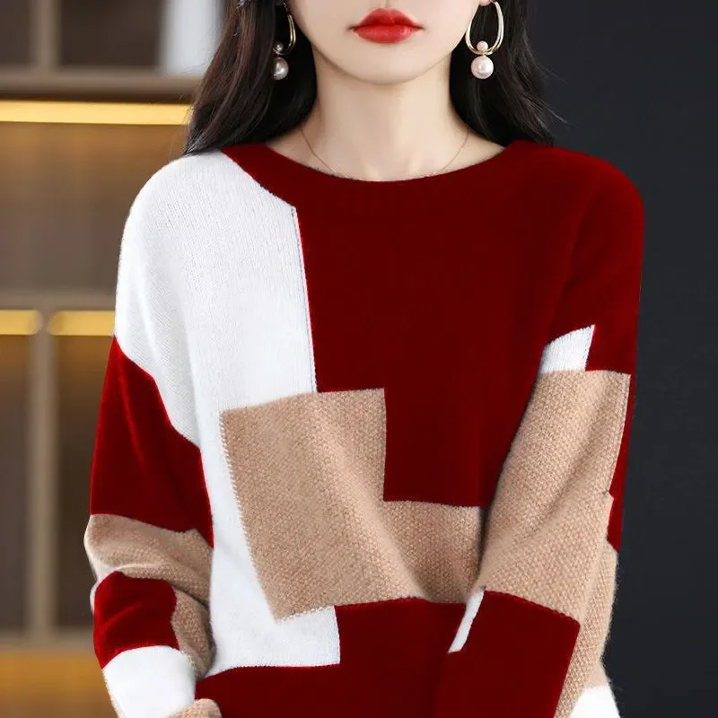 

Knitted Blouse Female Pullovers Sweaters Autumn Winter Undercoat Color Blocking Jumpers Korean Long Sleeve Loose Round Neck N344