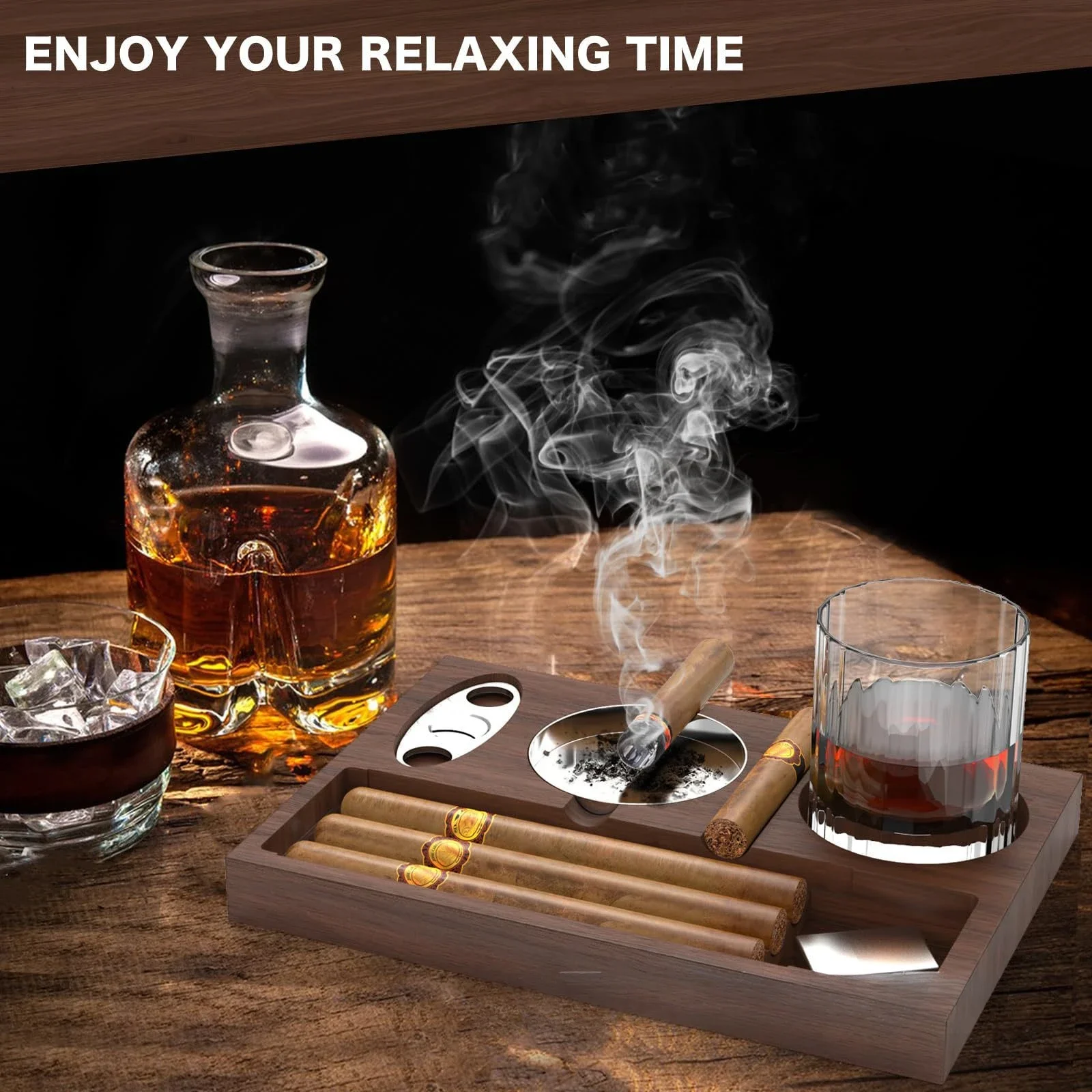 Wooden Cigar Ashtray Indoor Outdoor Patio Home Office Fathers Day Gift Cigar Holder Stand with Rest