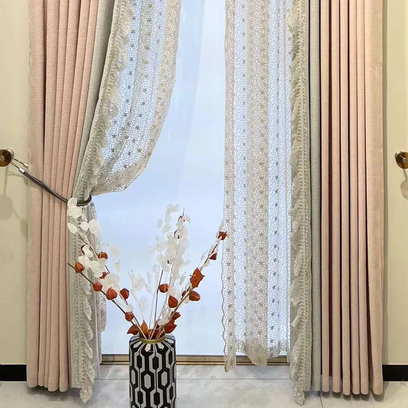 Princess Style Girl Room Pink Grey Lace Patched Curtains for Living Room Bedroom French Window Embroidered Window Screen 4
