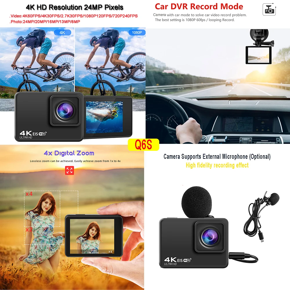 Q6S Action Camera Ultra HD 4K/60fps 24MP WiFi 2" IPS Screen170D Underwater 30M Anti-Shake With Sony 386 Lens Helmet Video Camera 4