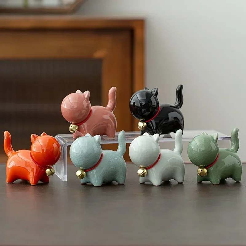 Tea Pet Ornaments Cute Bell Little Cat Tea Pet Ornament Ceramics Crafts Desktop Decoration Cat Sculptures and Statues