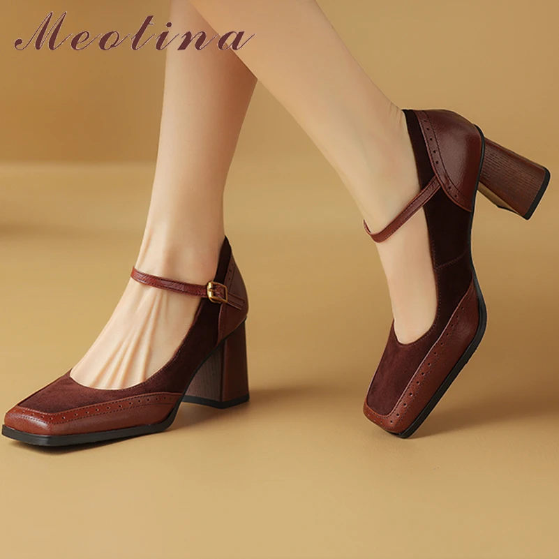 

Meotina Women Genuine Leather Mary Janes Pumps Square Toe Block High Heels Buckle Glove Shoes Ladies Fashion Shoes Spring Autumn