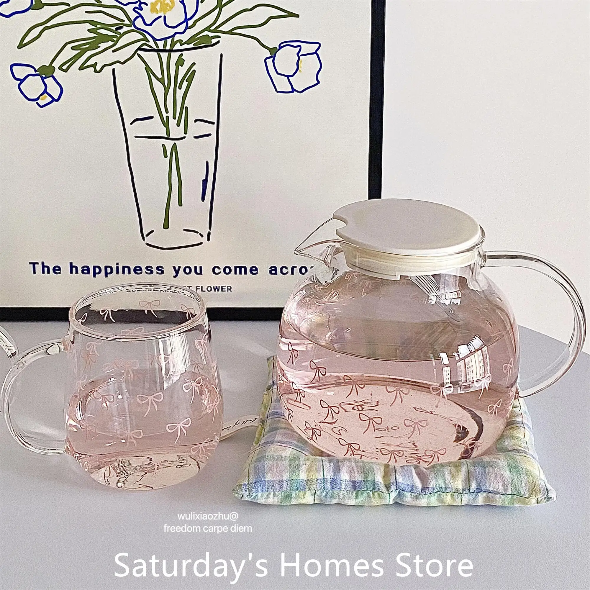 Bow Patter Water Glass Bottle Teapot Glass Cup Bow Handle Heat Resistant Lover Tea Sets Kettle Water Cup Bottle