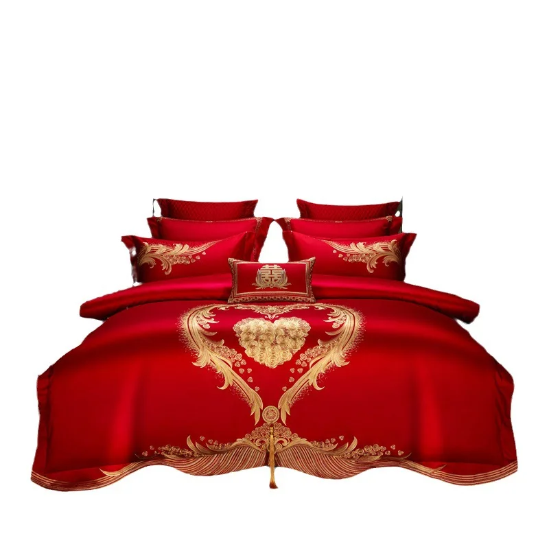 

140 Thread Count Long Staple Cotton Four Piece Set Cotton Embroidered Wedding Red Bedding