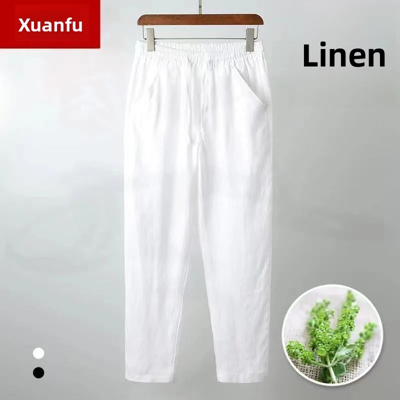 Lightweight Loose Fit White Linen Straight Leg Pants Nine-Tenths Casual Trousers for Men Sli Summer Cotton Linen Blend