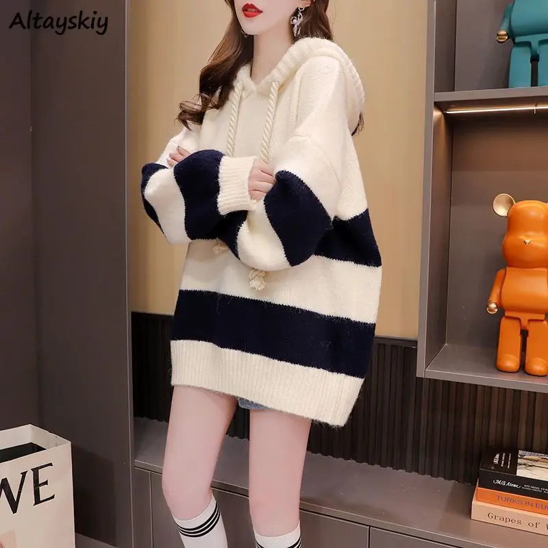

Pullovers Women Autumn Korean Style Hooded Fashion Striped Leisure Knitting Elegant Tender Ladies All-match Retro Loose Harajuku
