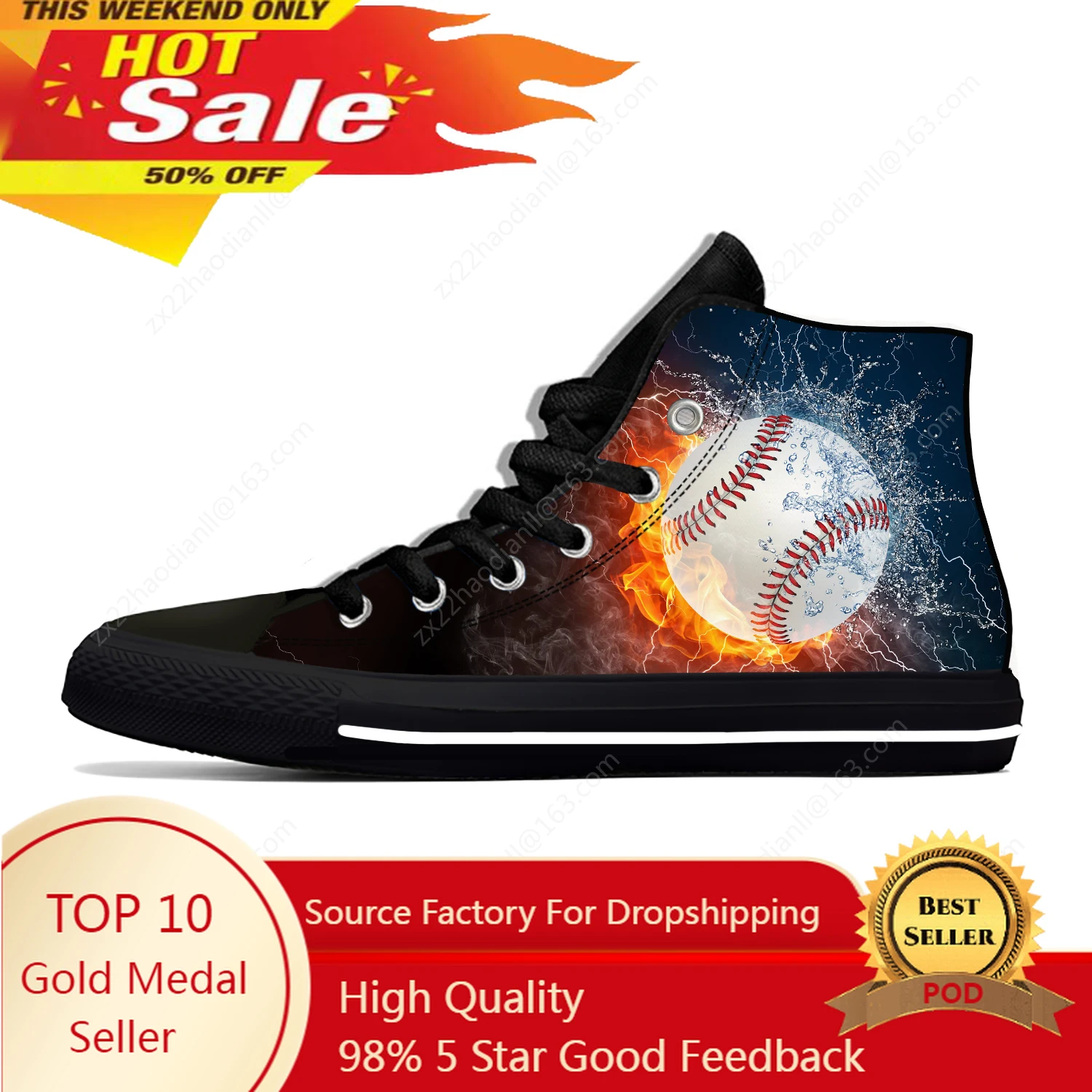 Baseball Pattern Lightweight Cloth 3D Print Funny Fashion High Top Canvas Fashion Shoes Mens Womens Casual Breathable Sneakers