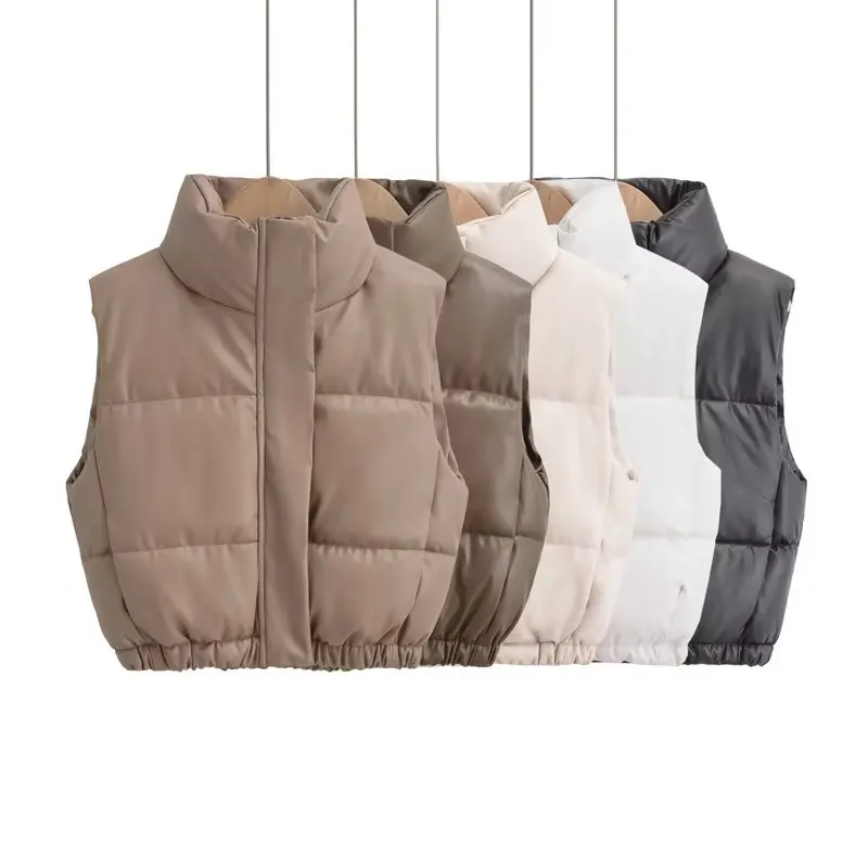 

Women Winter Fashion Cropped stand collar Faux leather Warm Vest Vintage Sleeveless Button-up Female Waistcoat Chic Tops