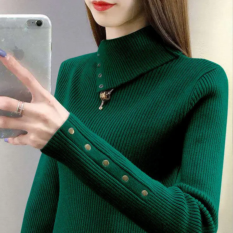 FashionTurtleneckKnittedKoreanBeadingSweaterWomensClothing2022