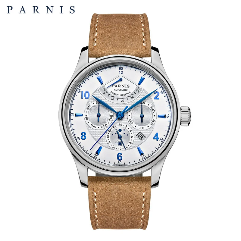

New Parnis 43mm Silver Case Automatic Mechanical Men Watch Sapphire Crystal Leather Strap Men's Waterproof Watches reloj hombre